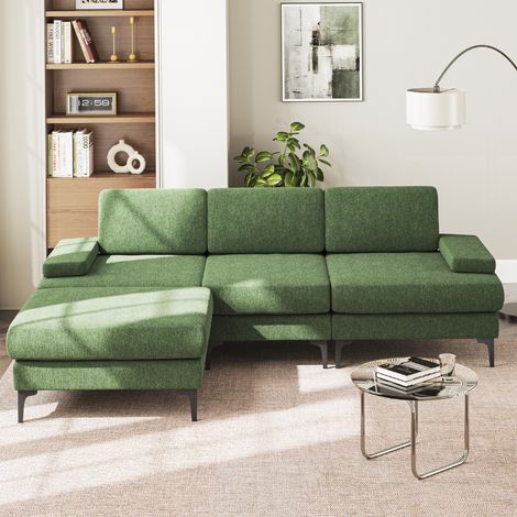 Neche – Canapé d'angle 3 places en forme de L – Repose-pieds modulable – Tissu chenille thermorégulateur – Dimensions 244 x 146 x 83 cm – Vert