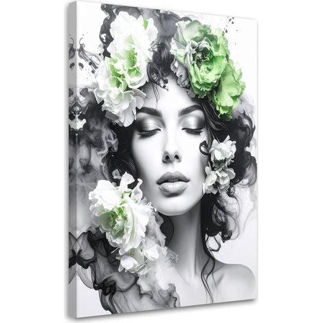 Wandbild Porträt einer Frau mit grünen Blumen auf dem Kopf 70x100 cm (1/5)