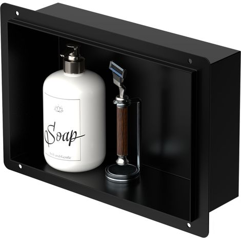 LuxeBath Nicho de Ducha de Acero Inoxidable 20x30x10cm cm Negro Marco de Pared sin Borde Empotrado Estante Integrado Instalación Flexible para Almacenamiento Organizador de Utensilios para Baño