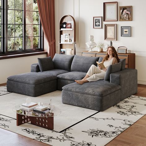 Canapé d'angle en U 260 cm en velours côtelé,conception double couche,revêtement amovible,canapé 3 places avec 2 repose-pieds amovible,gris foncé
