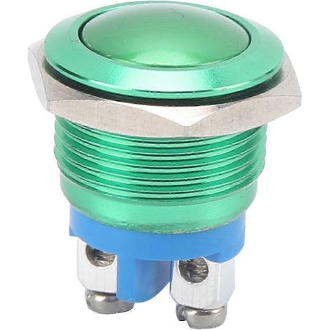 Bouton poussoir métal 16mm vert, interrupteur de commande à reset automatique, vis à pied, oxydation complète, 220V, pour alimentation et contrôle machine. (1/5)