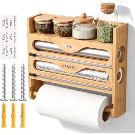 Distributeur De Film 4 En 1, Distributeur Papier Aluminium, 35,3x27x7.1cm Porte-Rouleau De Cuisine En Bois Avec Cutter, Étagère À Épices Et Dérouleur Essuie Tout, Coupe-Film Distributeur Pour Cuisine (1/5)