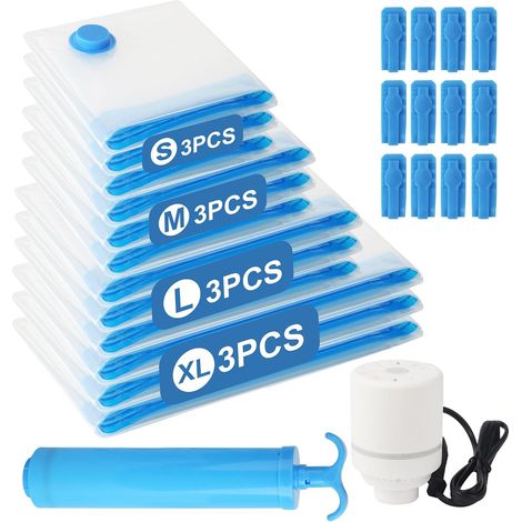 12 sacs sous vide vetement aspirateur avec pompe à air électrique et manuelle, 3 extra larges, 3 grands, 3 moyens, 3 petits. Sac sous vide pour couette pour le rangement quotidien et les voyages (1/5)