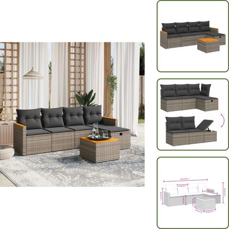 6-tlg. Garten-Sofagarnitur mit Kissen Grau Poly Rattan - Gartenmöbel - Outdoor-Lounge - Rattan Gartenset - Lounge Set - Esstisch (1/5)