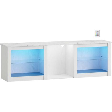 Meuble TV LED 160 cm pour téléviseur jusqu'à 70 pouces, étagères en verre ajustables, blanc (1/5)