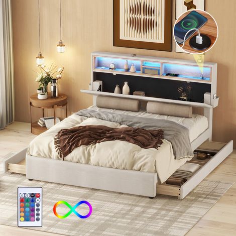 Letto matrimoniale per adulti con testiera contenitore, USB, LED, lino, senza materasso, 140x200cm, grigio e beige, con 4 cassetti (1/5)