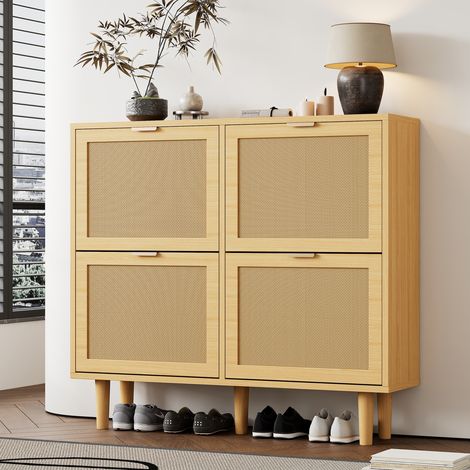 Mobile portascarpe 100x25x90 cm rovere chiaro in truciolato e rattan con ante ventilate e piedi in legno (1/5)