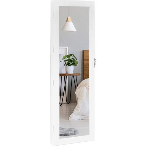 COSTWAY Espejo Joyero Cuelga a Puerta Pared con LED Luces Armario para Joyas 37x8,5x120cm con Bloqueo 2 Cajones 5 Estantes 29 Ganchos