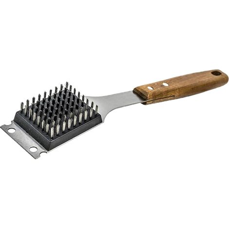 Brosse de nettoyage pour barbecue avec grattoir, tête en acier inoxydable, poignée en bois - Idéale pour les barbecues en plein air et le camping (1/5)