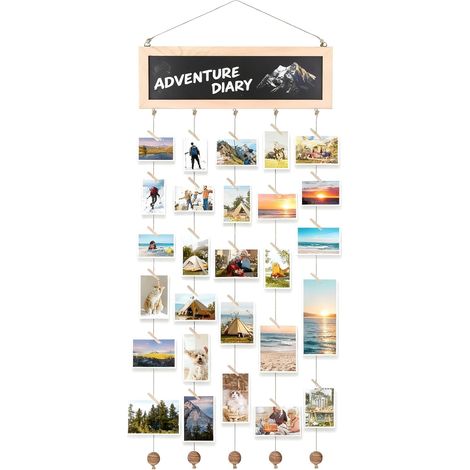 Mural Cadre Photo Mural en Bois Porte Photo Pince Cadre De Collage Pince Support Photo Mural en Bois Multiple Mur Cadre Photo avec 30 Clips en Bois pour La Décoration Murale (Brun) (1/5)