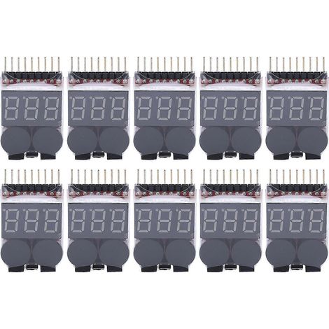 10-teiliges Set mit digitalem LiPo-Akku-Spannungsprüfer (1–8S) und Unterspannungsalarm.