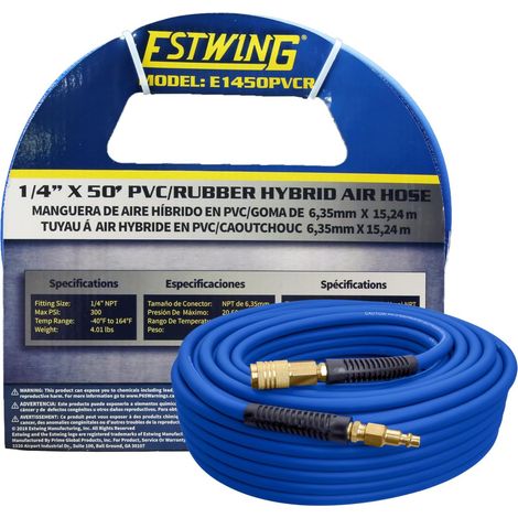 Estwing E1450PVCR x 50' Tubo aria ibrido PVC/gomma con ottone 1/4" NPT Raccordo industriale e accoppiatore rapido universale, blu e giallo, 50' (1/5)