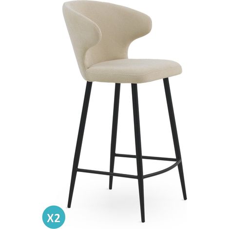 Ensemble de 2 tabourets rembourrés beiges avec pieds en métal noir (1/5)