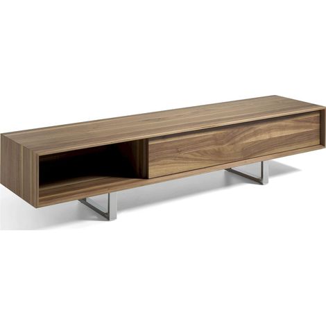 Meuble TV en Bois avec Porte Coulissante et Pieds Métalliques - Noyer (1/5)