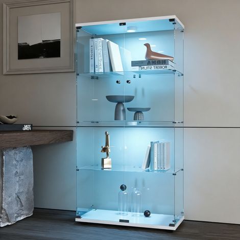 BLANKETSWARM - Vitrine en verre avec LED, 80x37x164 cm, Armoire vitrine de collection à serrure, Meuble vitrine verre moderne 4 étagères et 2 porte pour salon, chambre ou bureau, Blanc (1/5)