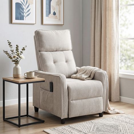Fauteuil massant manuel inclinable tissu effet lin, équipé d’une télécommande, crème (1/5)