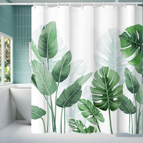 Rideau de Douche Anti,moisissure180x200cm,Polyester,avec Anneaux,Rideaux de Douche,Shower Curtain,Motif Feuilles Tropicales ,Tissu Lavable en Machine