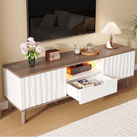 Mueble TV 160 x 40 x 52 cm blanco y nogal oscuro con LED y puertas correderas (1/5)