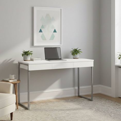 Dmora Escritorio lineal con tres cajones, color blanco brillo, 125 x 76 x 51 cm, con embalaje reforzado (1/5)