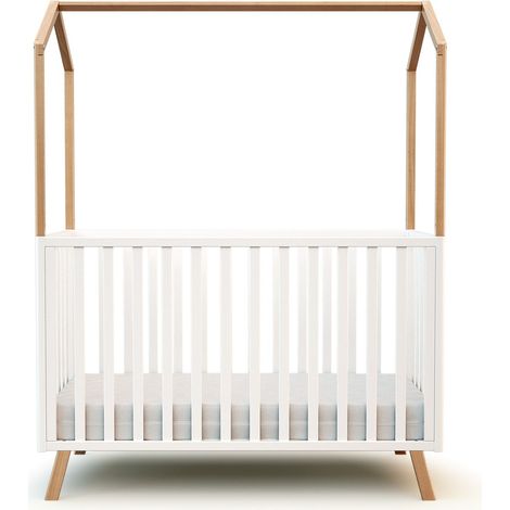Lit cabane évolutif bébé en hêtre massif 60 x 120 cm – Sommier à lattes réglable 3 hauteurs – Design esthétique avec toit KASA – AT4 (1/5)