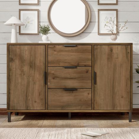 Buffet de rangement en panneaux de particules aspect chêne foncé, 120 x 40 x 76 cm, 2 portes, 3 tiroirs et tablettes réglables (1/5)