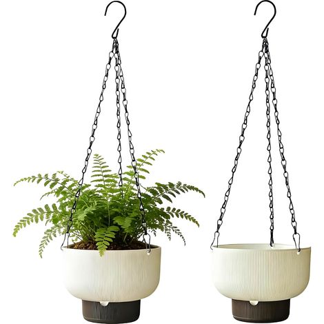 (2er-Set, weiß, 16 cm) selbstbewässernde Hängeblumentöpfe aus Kunststoff, für den Innen- und Außenbereich, mit Wasserreservoir (1/5)
