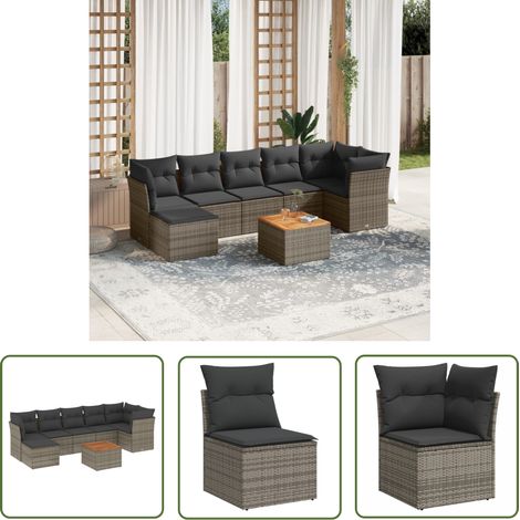 The Living Store Salon de jardin 8 pcs avec coussins gris résine tressée - Ensemble Salon De Jardin - Mobilier De Jardin - Salon Extérieur - Résine Tressée - Rotin Synthétique (1/5)