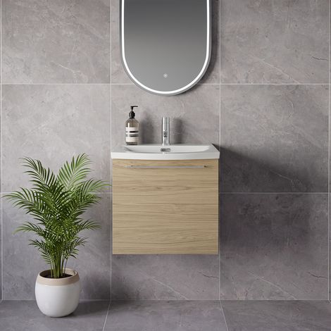 Napoli 390 Light Oak 500mm Wall Mounted Single Drawer Vanity Unit with Arc Basin - 500mm - Chrome 320mm Handle