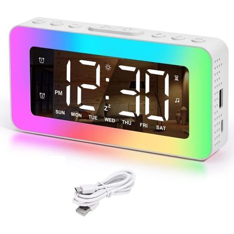 Réveil numérique,Réveil couleur RVB pour chambre à coucher,Double alarme avec jours de la semaine/week-end,Port de charge USB,Snooze,Extra fort,Horloges miroir à intensité variable pour enfants (1/5)