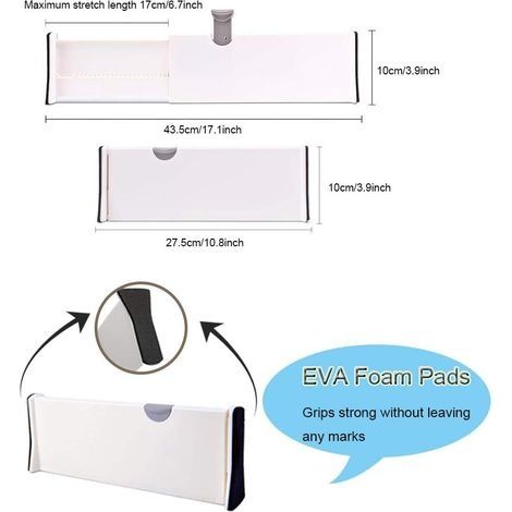 2 Stück ausziehbare Schubladeneinsätze, modulare Kunststoff-Schubladeneinsätze (27,5–43,5 cm), verstellbare Schubladenorganizer für Büro, Küche, Badezimmer, Schlafzimmer (Weiß) (1/4)