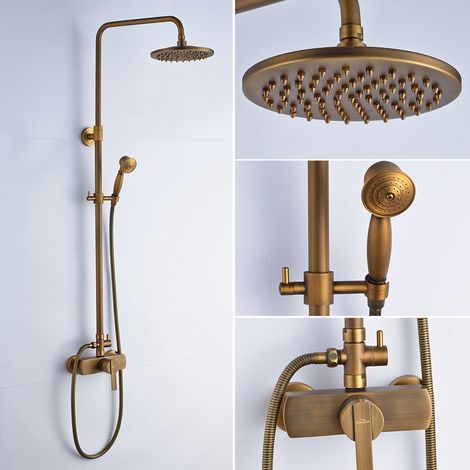 Colonne doccia Retro Spazzolato Ottone Colonna Doccia con Miscelatore Set de Doccia con Soffione a Pioggia 200mm e Doccetta 55mm Altezza Regolabile 910mm-1260mm (1/5)
