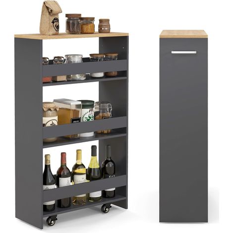 Costway – Desserte de cuisine étroite 20 cm – 4 niveaux avec roulettes verrouillables – Construction en bois d'ingénierie – Poignée multifonctionnelle