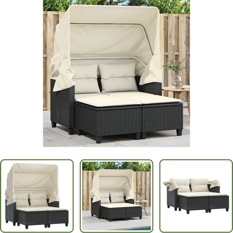 Gartenhocker - Gartensofa 2-Sitzer mit Dach und Hockern Schwarz Poly Rattan (1/5)