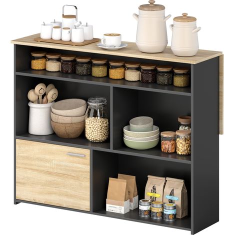 Table de bar extensible avec plateau rabattable, table de cuisine haute, 1 placard et 4 compartiments ouverts, 116 x 79,6 x 90,5 cm, noire