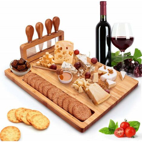 Kaelt - 1 planche à fromage, plateau de service avec 4 couteaux en acier inoxydable, planche à charcuterie en bois massif (14''x11'') (1/5)
