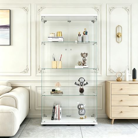 Vitrine en verre trempé 4 niveaux – double porte – Serrure de sécurité – Protection anti-basculement pour salon/chambre, Dimensions 80.5x36x164 cm