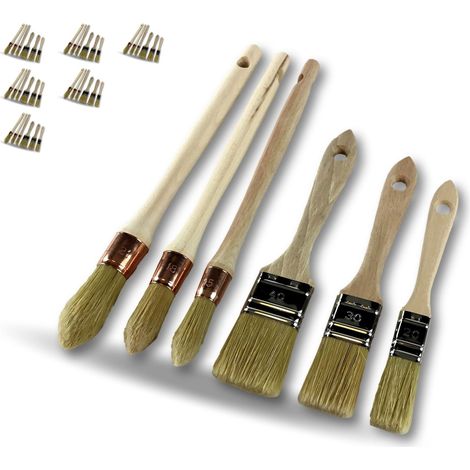 Set de 6 pinceaux fabrication française Lot de 6 Matériel professionnel 3 plats à vernir : 20 - 30 - 40 mm 3 pouces à rechampir 15 - 18 - 21 mm Poils de soie blanche Kibros LOT371323PROx6