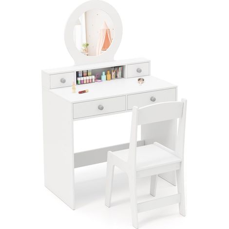 GOPLUS Coiffeuse Enfant Fille avec Miroir et Tabouret, Bureau Coiffeuse Enfant avec Rangement,Etagère Ouverte, 4 Tiroirs, Dispositif Anti-Basculement, pour 3+ Ans (1/5)