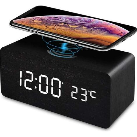 Réveil Numérique, Horloge Numérique LED Horloge Digitale Réveil Bois avec Chargeur sans Fil 5W Température/Snooze/ 3 Alarme/12/24 Heures/Luminosité Réglable pour Enfant,Ado,Maison,Burea,