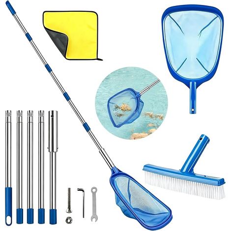 pool skimmer net with telescopic rod, fine mesh net with pool brush, soil landing net, leaf landing net, pool cleaning kit for pool, spa, pond, hot tub (1/5)