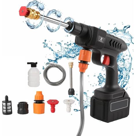 Hidrolimpiadora inalámbrica de alta presión de 60 bares, hidrolimpiadora de alta presión a batería de 300 W, pistola de agua para lavado de coches con baterías, manguera de 5 m, pulverizador de espuma (1/5)
