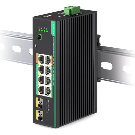 8 Port Gigabit Industrial PoE Switch, DC 1257V Input 12V/24V PoE Switch Compatible with Solar/UPS Systems, with 2 High Power PoE+ Ports for Wireless PTZ or AP Cameras. (1/5)