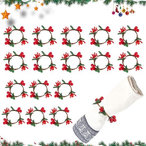 Lntyq Lot de 16 Ronds de Serviette de Noël Rond de Serviette Noel avec Baies Rouges pour fête de Noël Thanksgiving, Décoration de Table du Nouvel an (Rouge)