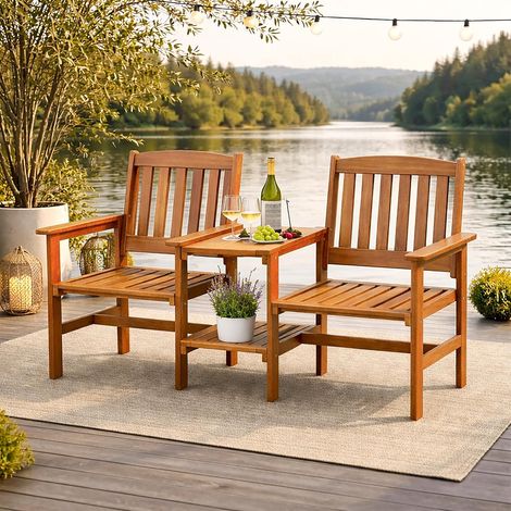 Wooden 2 Seater Garden Bench Jack and Jill Companion Bench with Table & Parasol Hole Hardwood Patio Seating