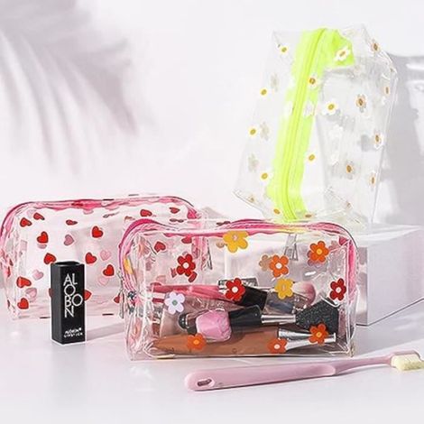 Sac De Rangement - Transparent Avec Motifs Fleurs - Fermeture Eclair - Pour Maquillage Et Voyages - Lot De 3 (1/4)