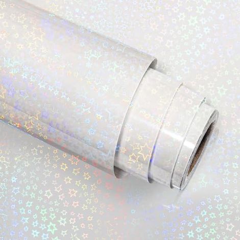Rouleau Papier Holographique Arc en Ciel Film Vinyle Adhesif Transparent 30cmX400cm Papier Autocollant Étoiles Impermeable Film Transparent Autocollant pour Mug Autocollants Photos Amovible (1/5)