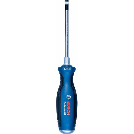 Bosch Professional 1600A01TG0 Destornillador plano, cromo vanadio, mango softgrip con cabezal de acero, azul, SL5.5x100mm