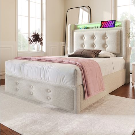 Cama tapizada 90x200 cm beige con cabecero USB y enchufes, LED, arcón elevable y colchón incluido (1/5)