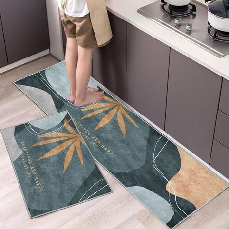 Lot de 2 Tapis de Cuisine antidérapants, Absorbe l'eau et l'huile, Résistant à la poussière Tapis de Cuisine,Tapis de Sol pour l'intérieur(Feuille d'érable, 43 x 75 + 43 x 150 cm) (1/5)