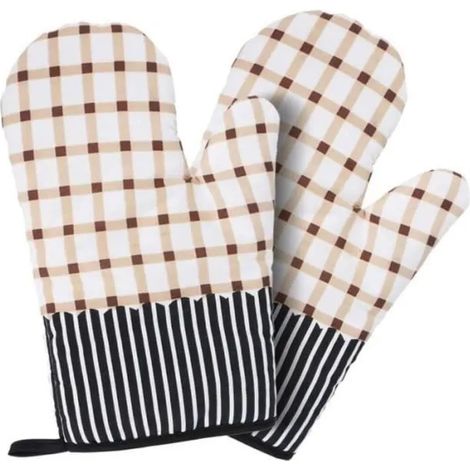 Gants de cuisine en coton 26 x 17 cm, anti-brûlures, à rayures marron et blanches, lot de 2 (1/4)
